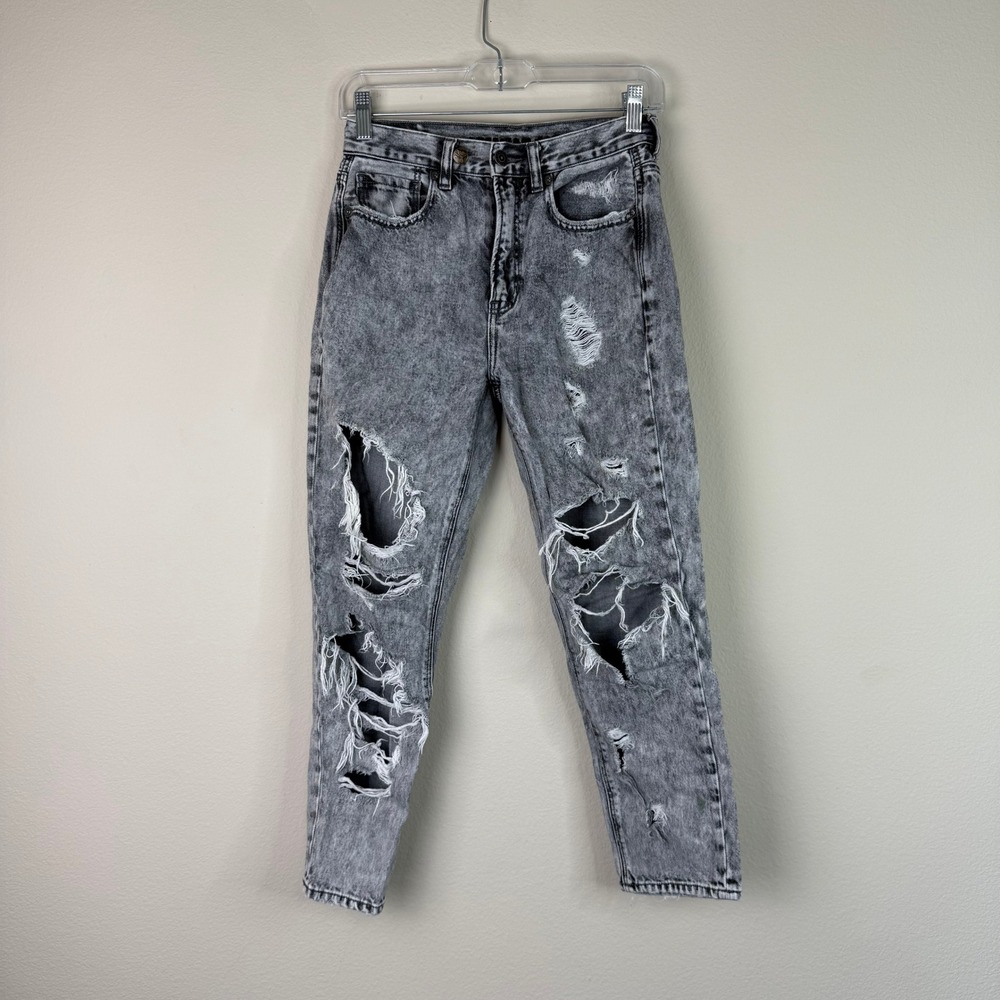 American Eagle Women's Acid Wash Tattered High Waist Denim Jeans Gray Size 2
